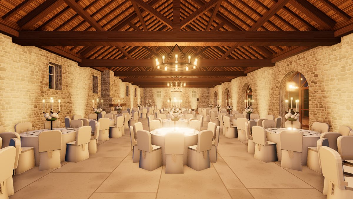 Salle de réception dressée pour un dîner de mariage, en 3D