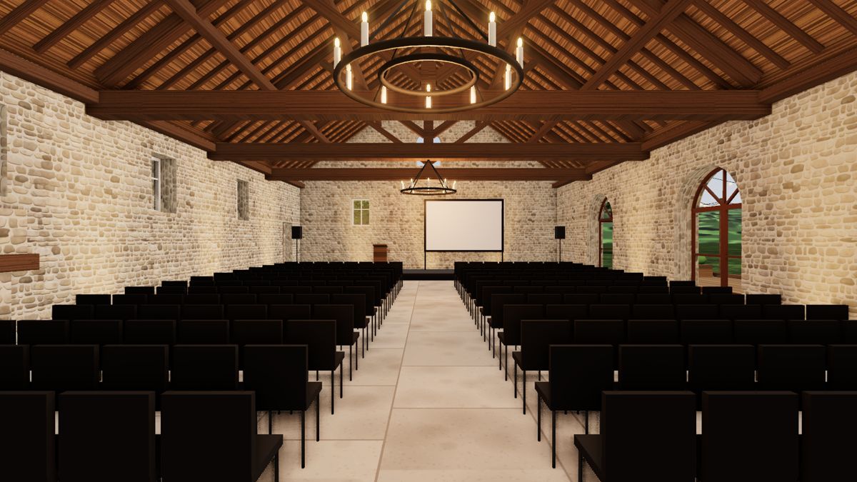 Salle de séminaire en configuration plénière, en 3D